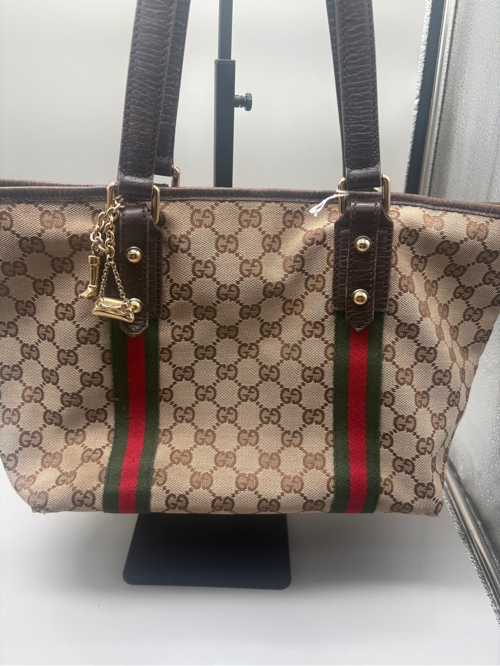 Gucci Beige GG Canvas Tote with Green and Red Stripes and Brown Leather
